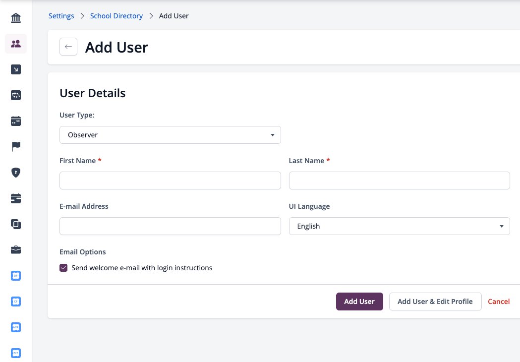 Screenshot: Add User form for an Observer