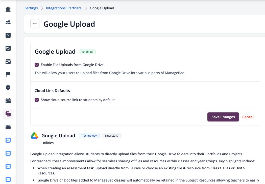 スクリーンショット：Googleドライブからのファイルアップロードを有効にするGoogleアップロード設定
