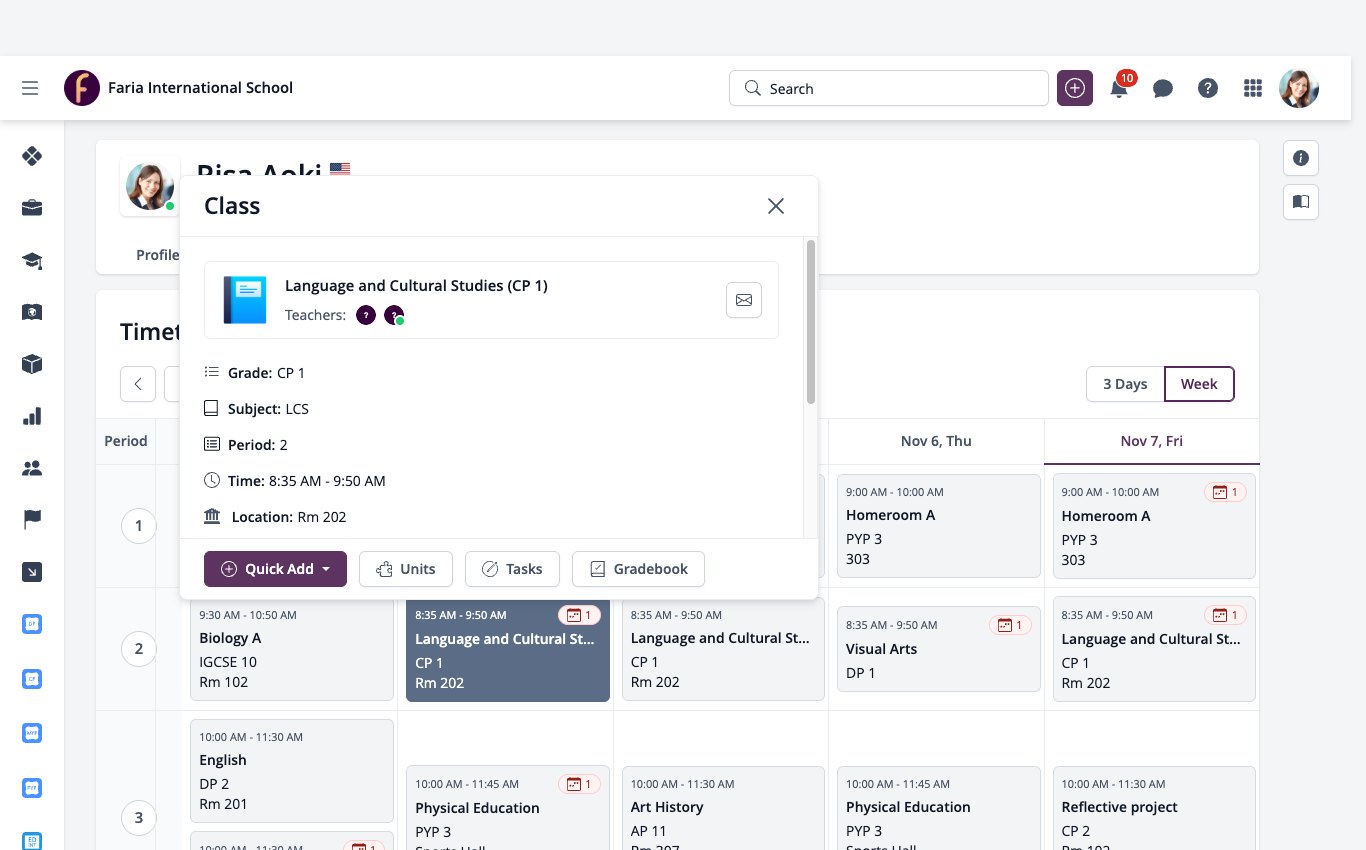 Capture d'écran : Fenêtre contextuelle de classe de l'emploi du temps avec Ajout rapide, Unités, Tâches et Carnet de notes