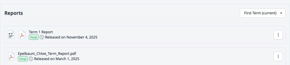Captura de pantalla: Sección de informes en el perfil del estudiante con el filtro de término.