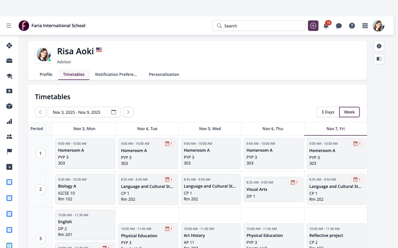 Ekran görüntüsü: Öğretmenin profilindeki Ders Programları sekmesinin 3 Gün ve Hafta görünümleri.