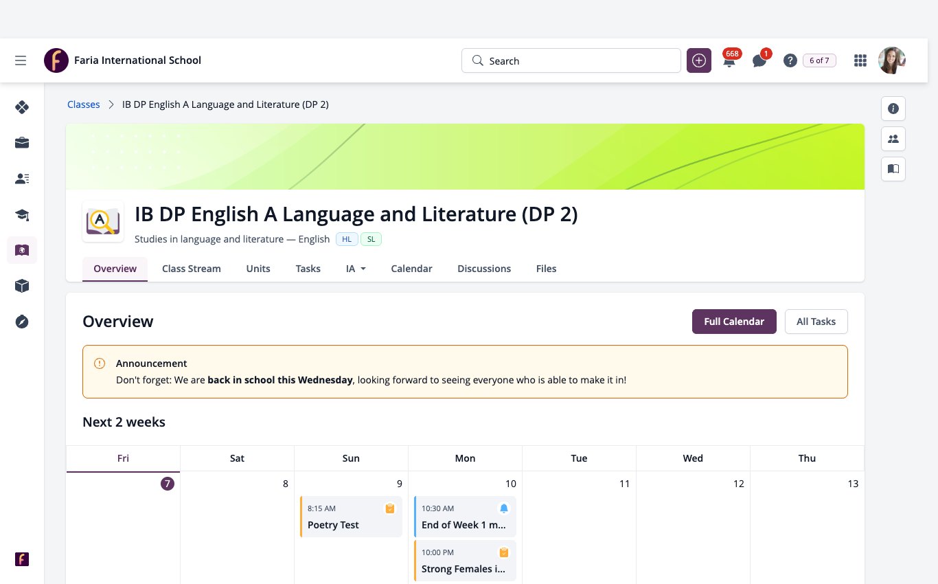 스크린샷: DP 학생을 위한 수업 개요 페이지