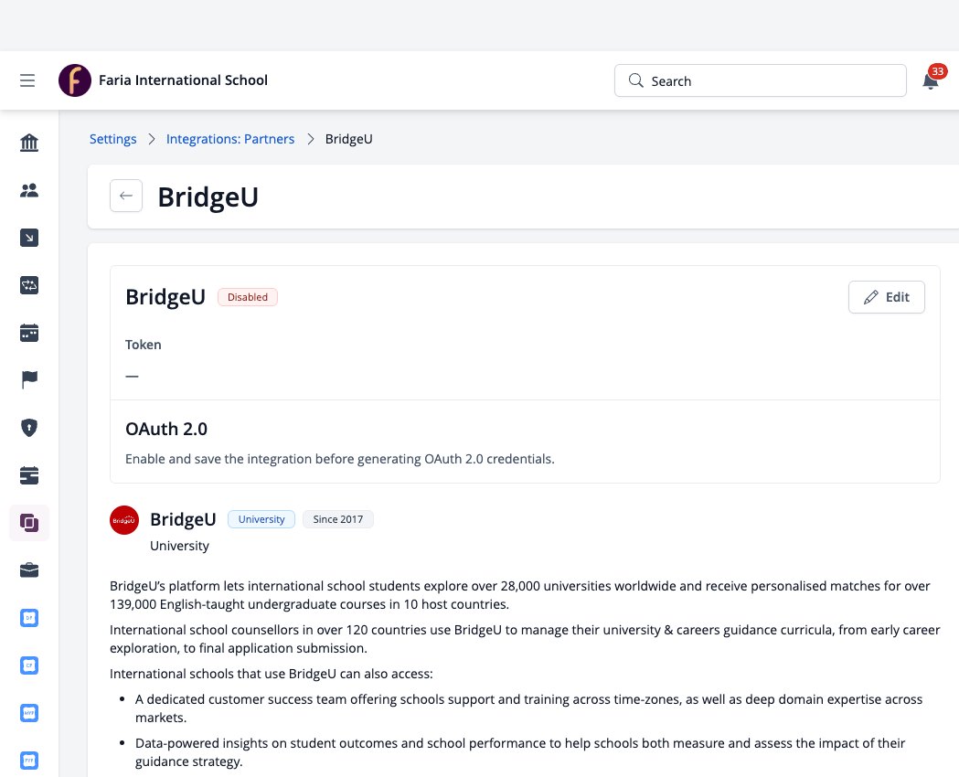 スクリーンショット：設定 > 統合 > パートナーのBridgeUページ