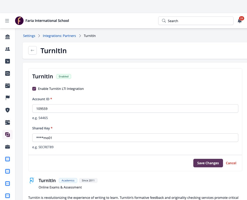 Captura de pantalla: Formulario de edición de Turnitin con la opción "Habilitar integración LTI de Turnitin", ID de cuenta y clave compartida.
