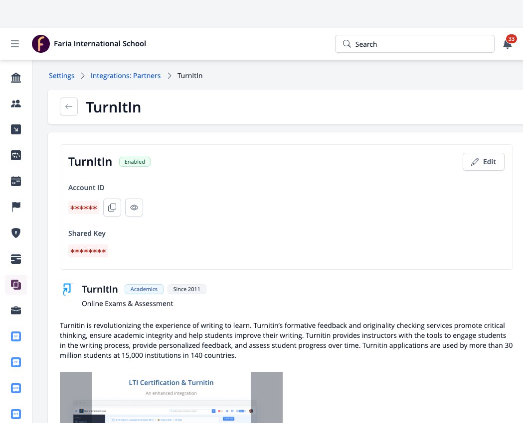 Capture d'écran : Page Turnitin dans Paramètres > Intégrations > Partenaires