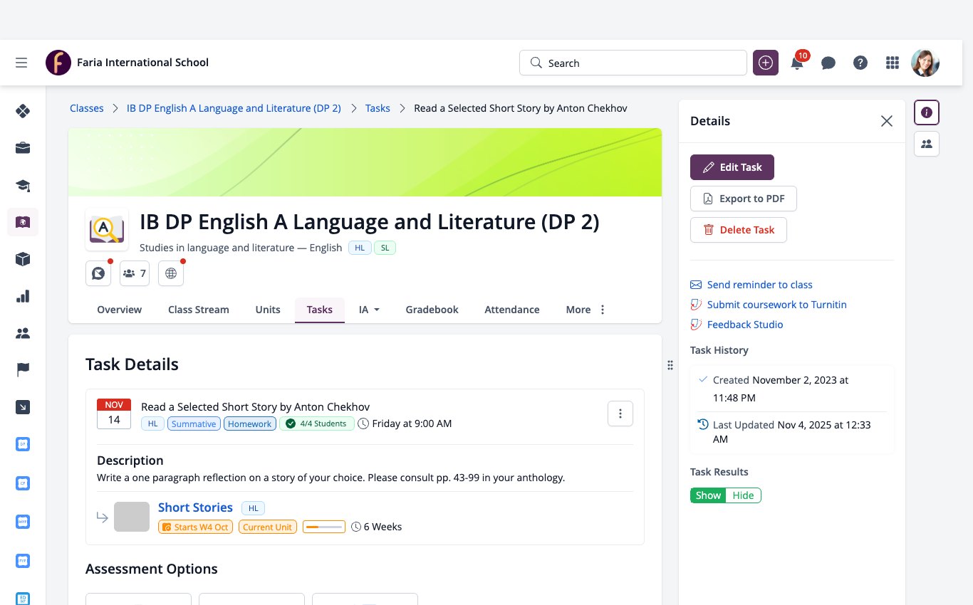 لقطة شاشة: لوحة تفاصيل المهمة مع خيار "إرسال الواجب الدراسي إلى Turnitin" و"استوديو الملاحظات".