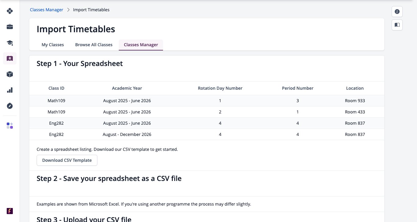 Screenshot: Import Timetables page with the CSV format and Download CSV Template