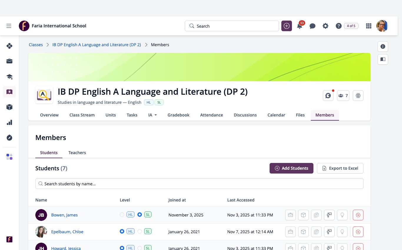 Screenshot: Class Members Students tab with Add Students