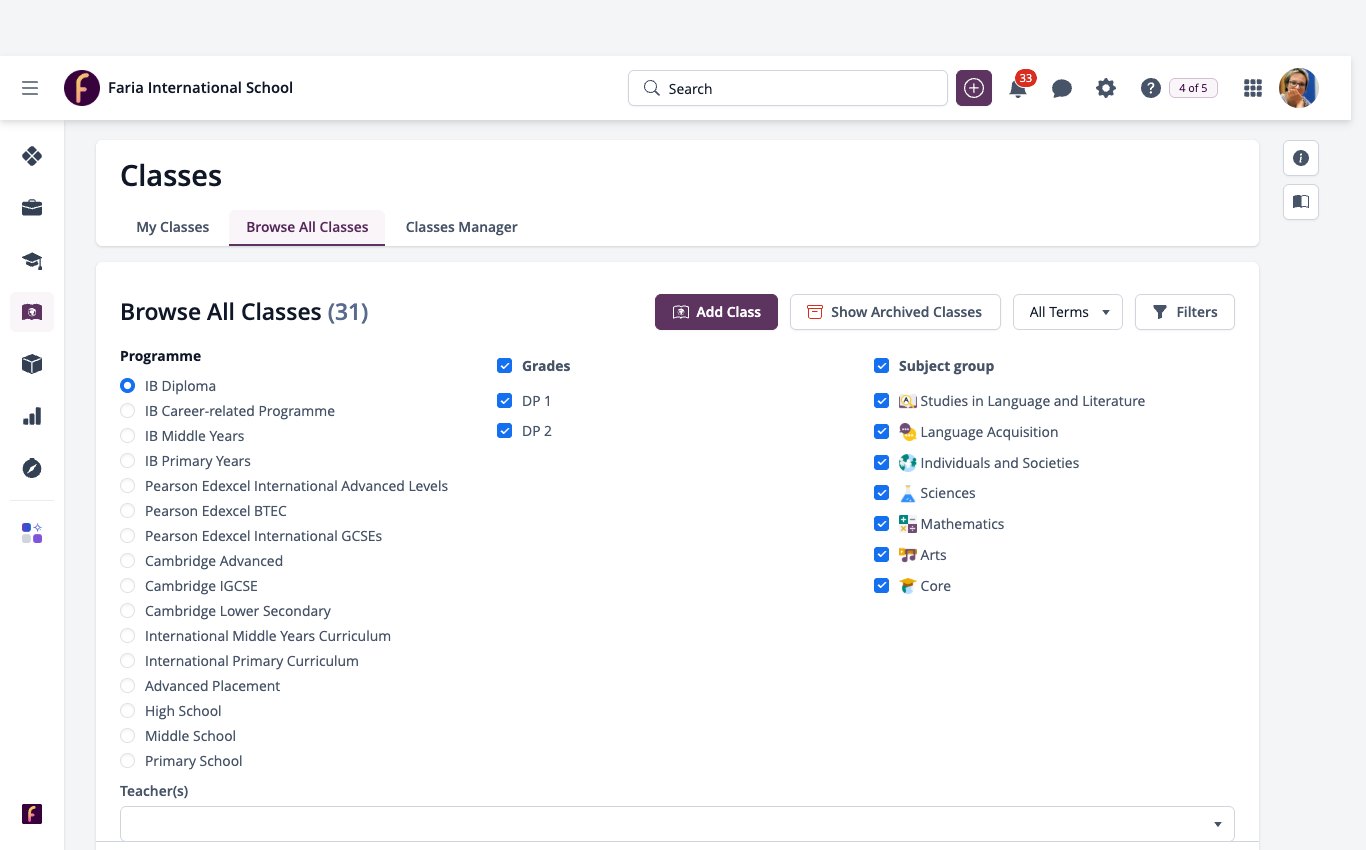 Screenshot: Browse All Classes filters: Programme, Grades, Subject group and Teachers