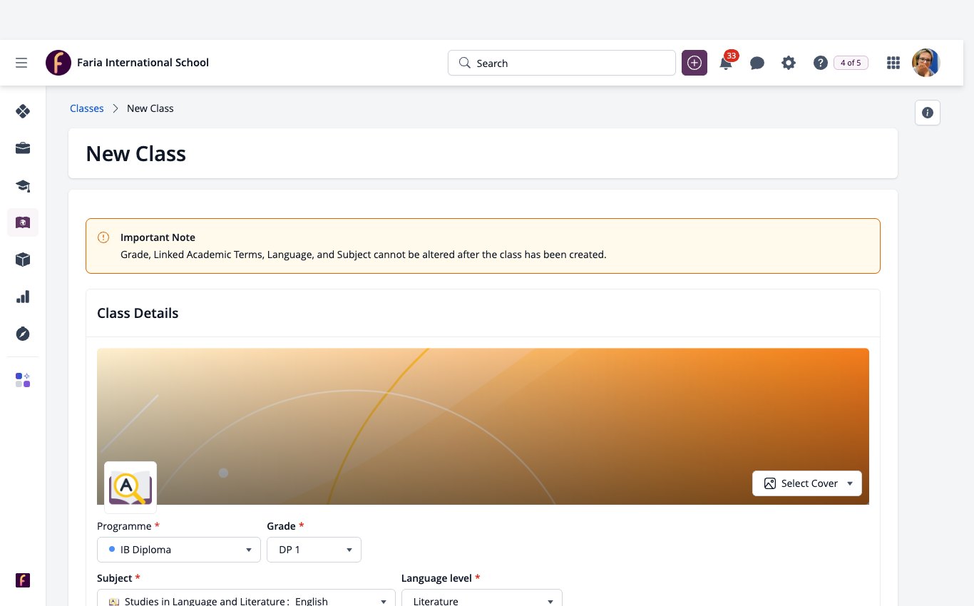 Captura de pantalla: Agregar formulario de clase con programa, grado, asignatura y niveles.