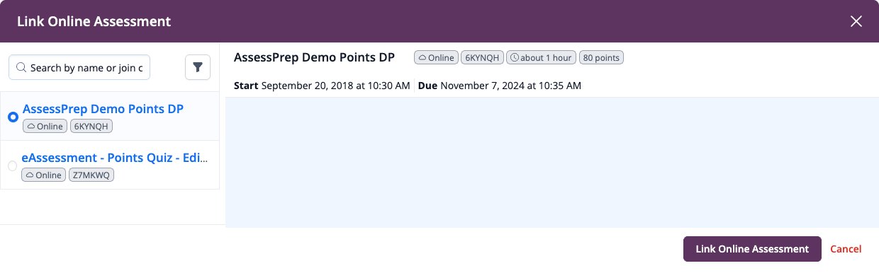 Captura de pantalla: Enlace a la ventana de evaluación en línea que muestra las evaluaciones de AssessPrep con detalles.