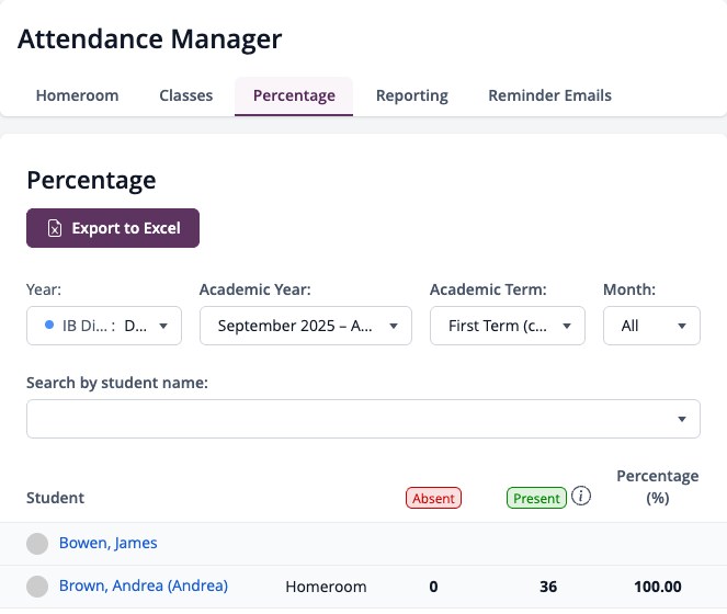 Screenshot: Attendance Manager Percentage tab with filters and Export to Excel