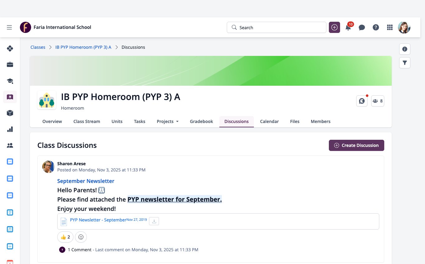 Screenshot: Screenshot: Class Discussions tab with posts and the Create Discussion button
