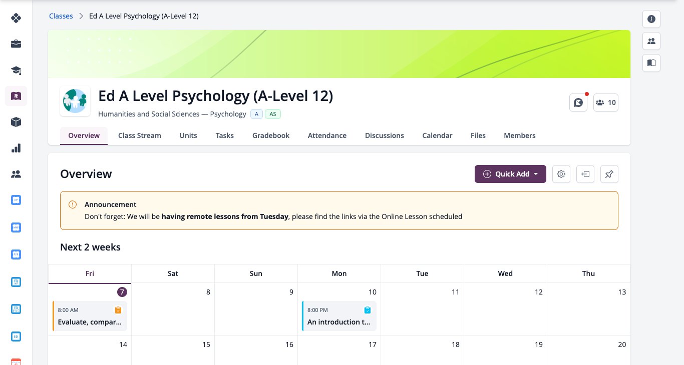 Screenshot: Screenshot: Class Overview with upcoming events, tasks and announcements