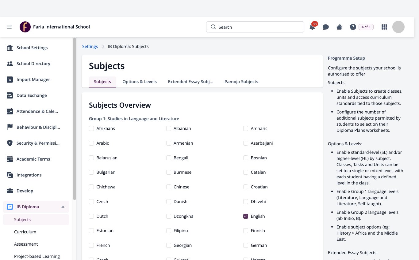 Screenshot: IB Diploma Subjects settings with the programme settings menu