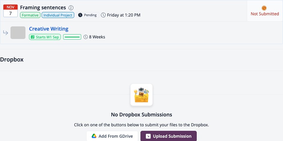 スクリーンショット：タスクDropbox（「Googleドライブから追加」ボタンと「提出物をアップロード」ボタン付き）