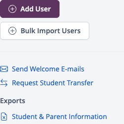 Captura de pantalla: Panel de detalles del directorio escolar con Agregar usuario, Importar usuarios en masa y Enviar correos electrónicos de bienvenida.