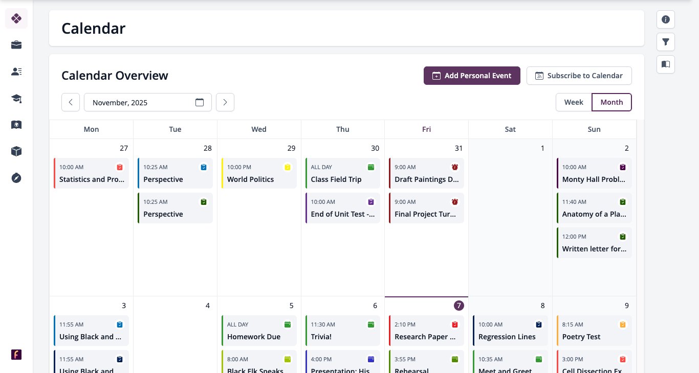 Capture d'écran : Calendrier étudiant avec les options « Ajouter un événement personnel » et « S'abonner au calendrier ».