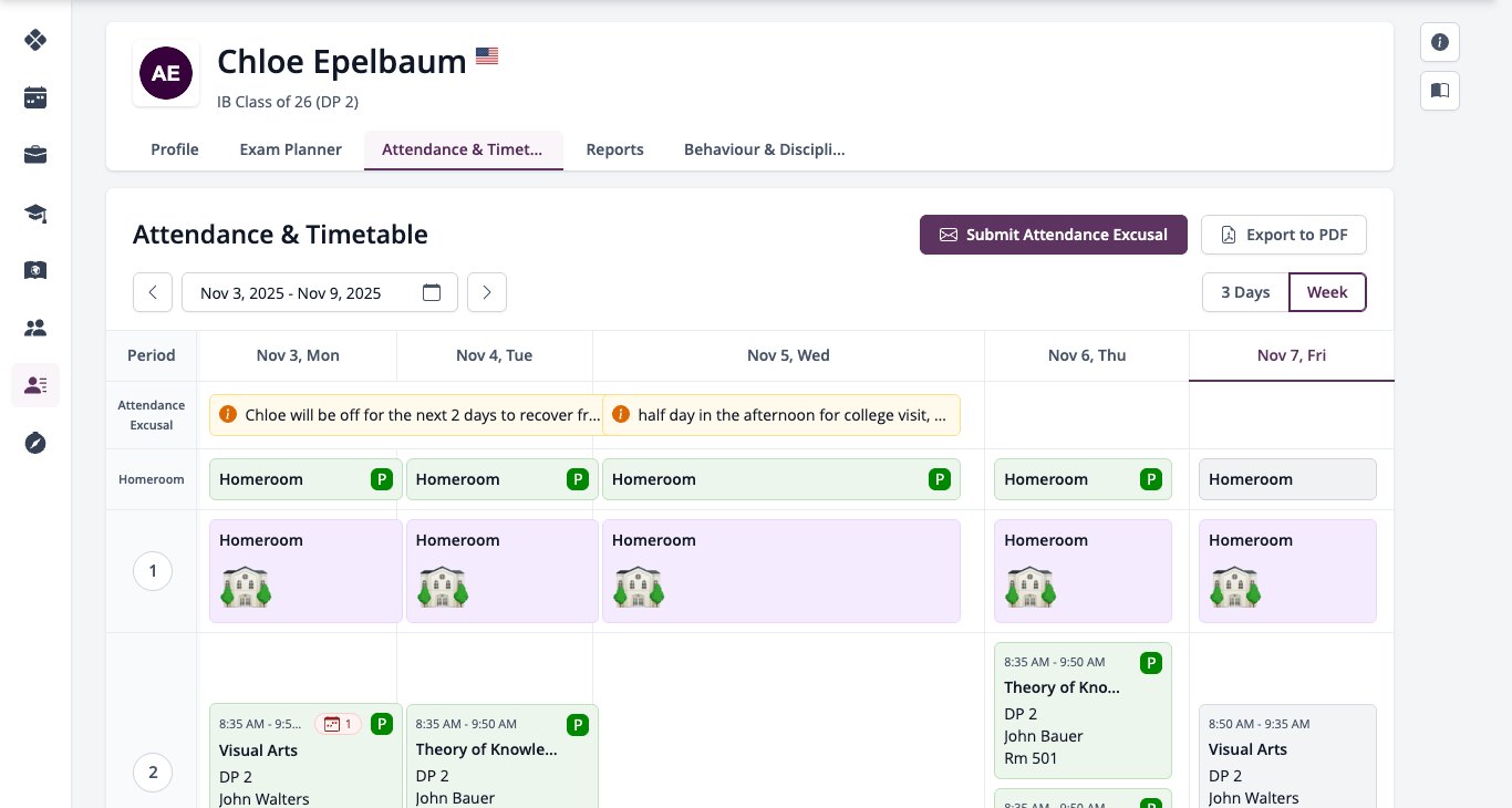 Screenshot: Attendance and Timetable tab
