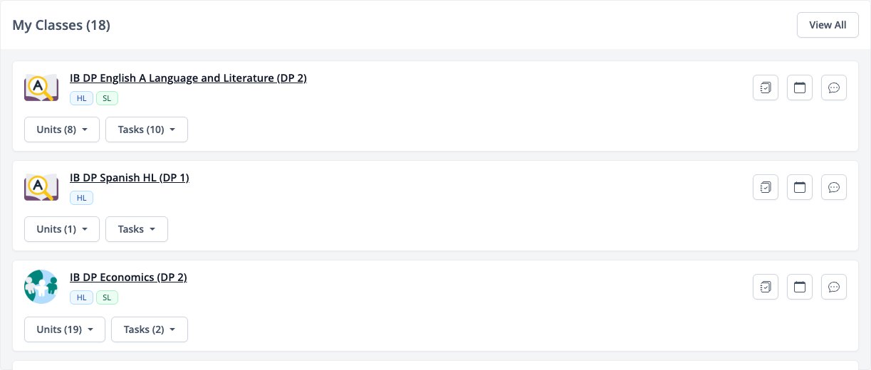 Captura de pantalla: Widget Mis clases con Unidades y Tareas para cada clase