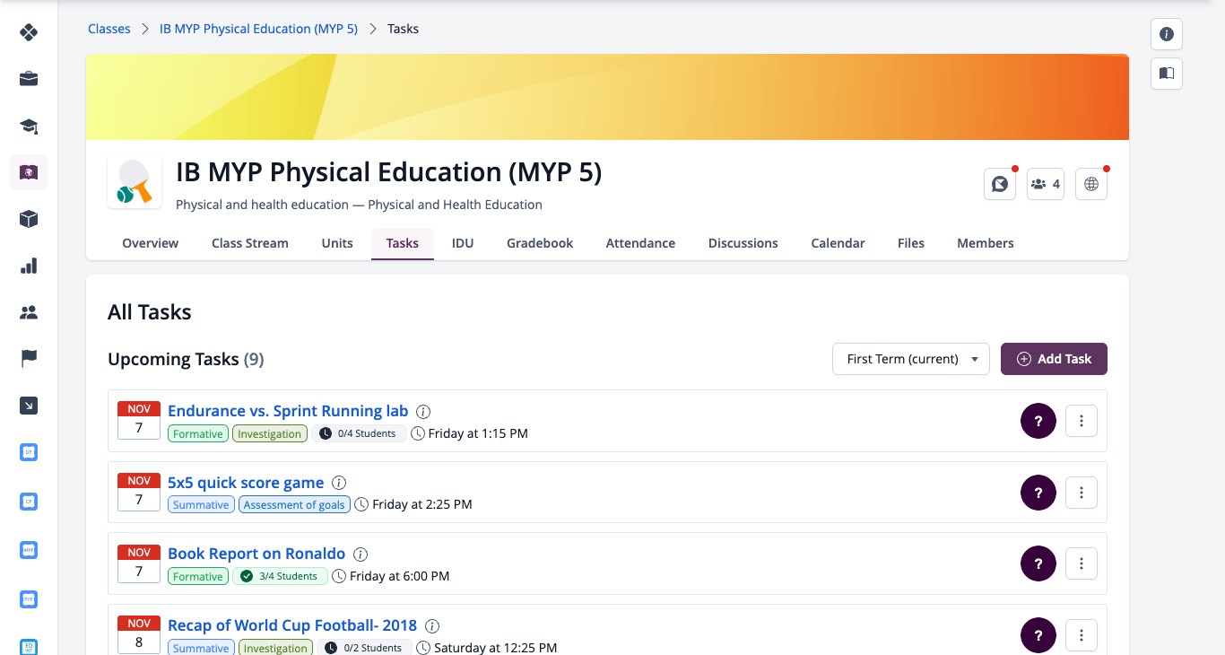 Capture d'écran : Onglet « Tâches » du cours MYP avec l'option « Ajouter une tâche 