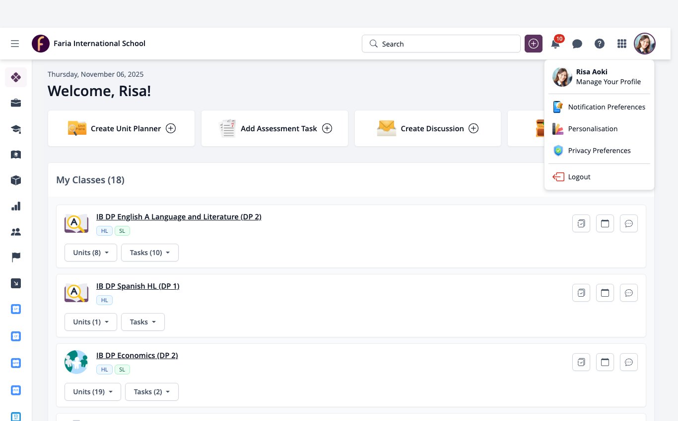Capture d'écran : Menu Profil avec Gérer votre profil, Préférences de notification, Personnalisation, Préférences de confidentialité et Déconnexion