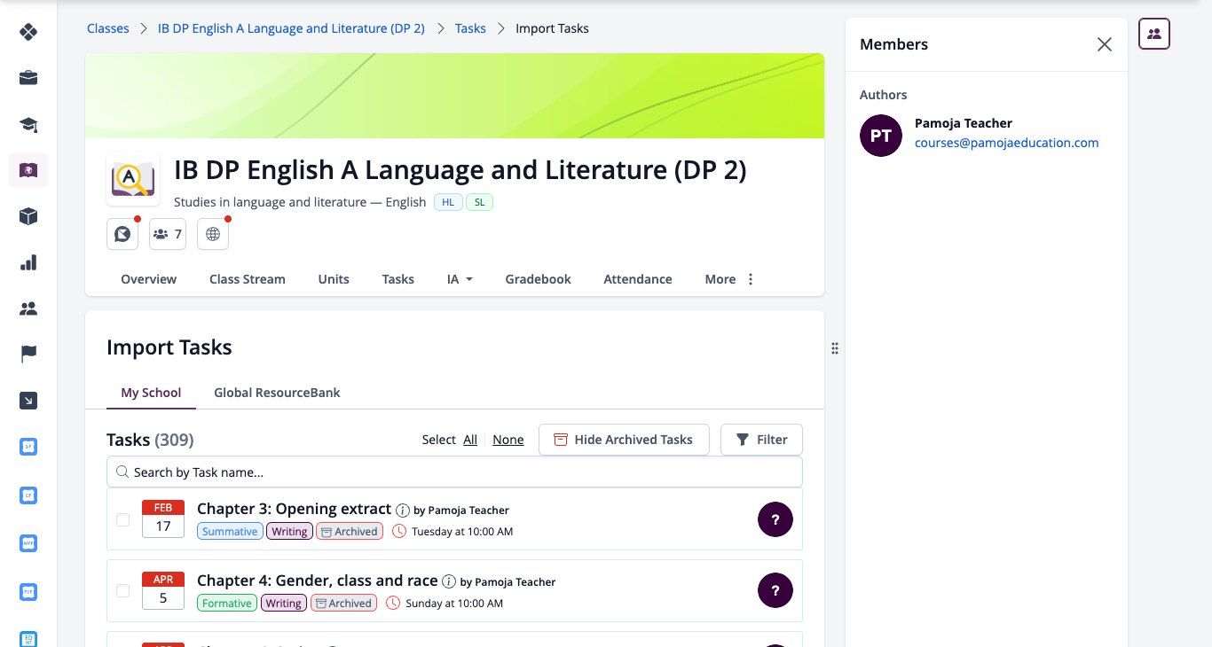屏幕截图：导入任务步骤 1，包含“我的学校”和“全球资源库”、筛选器和“继续导入”选项