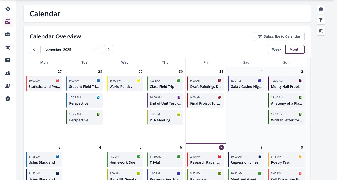 Captura de pantalla: Calendario para padres con suscripción al calendario y filtros.