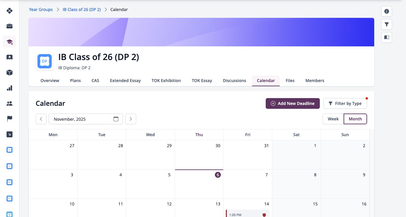 Captura de pantalla: Calendario de grupo de años con agregar nueva fecha límite, importar fechas límite de ejemplo e importar eventos existentes