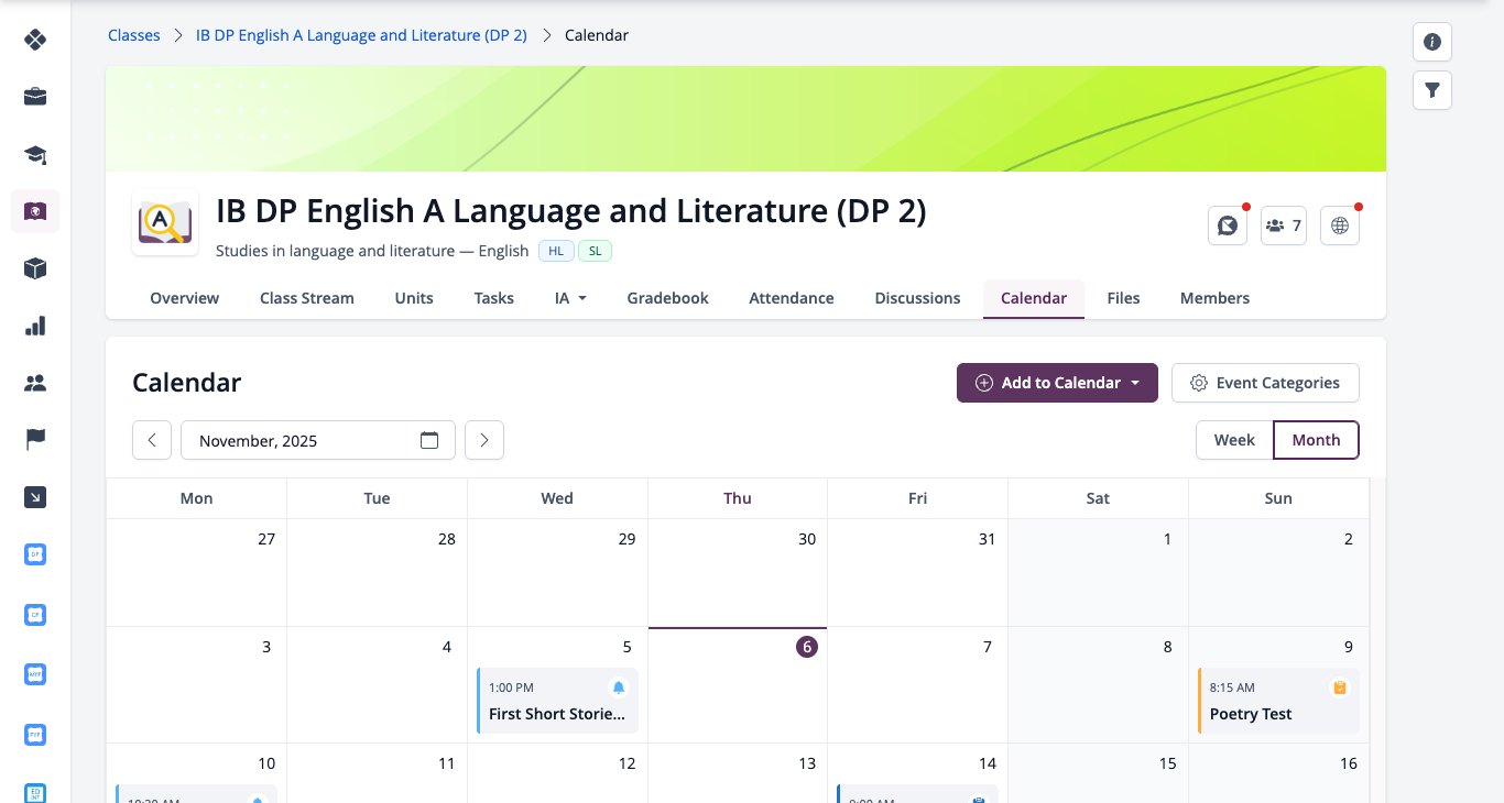 Captura de pantalla: Calendario de clase con Agregar al calendario y Suscribirse al calendario