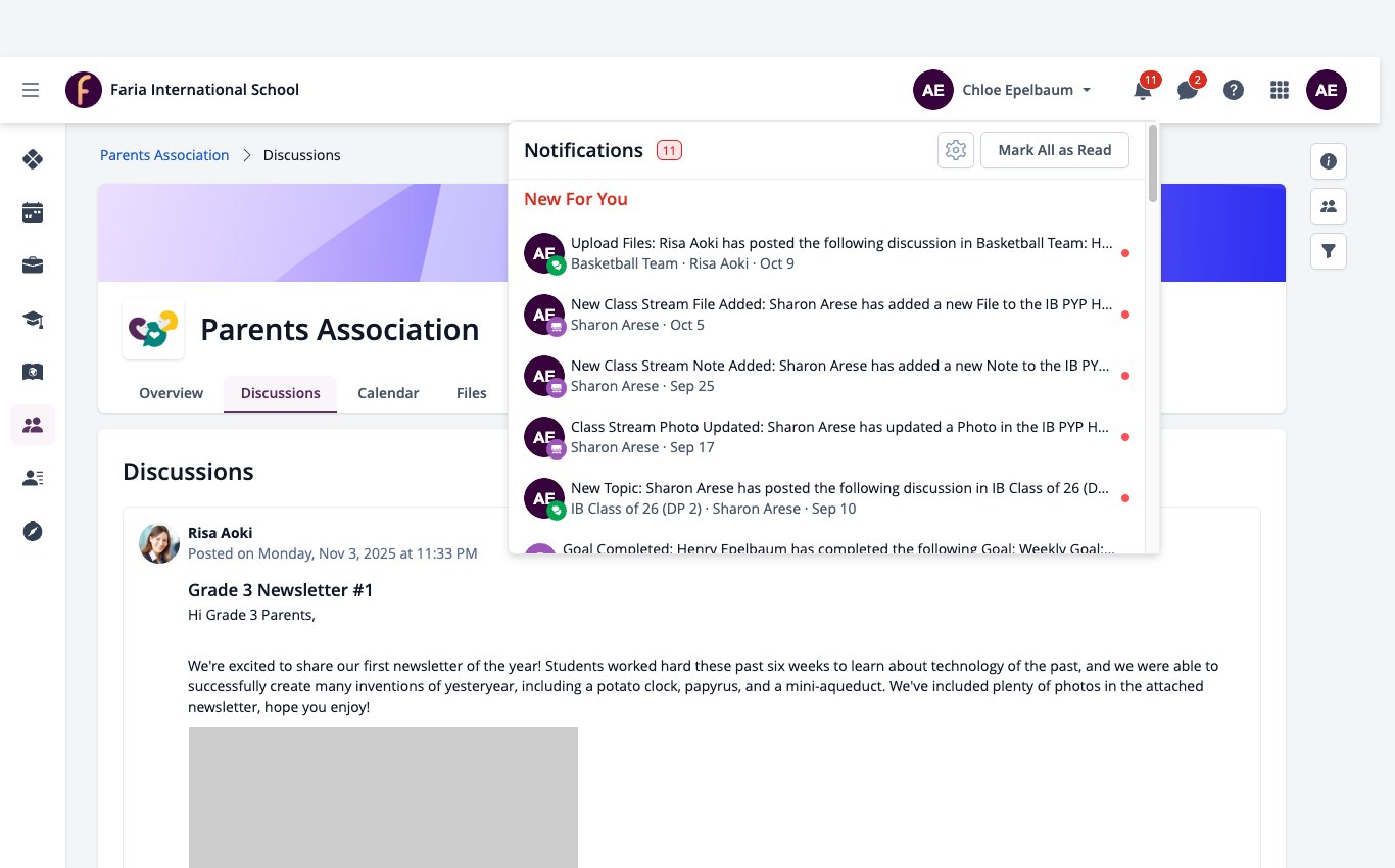 Captura de pantalla: Panel de notificaciones para un padre