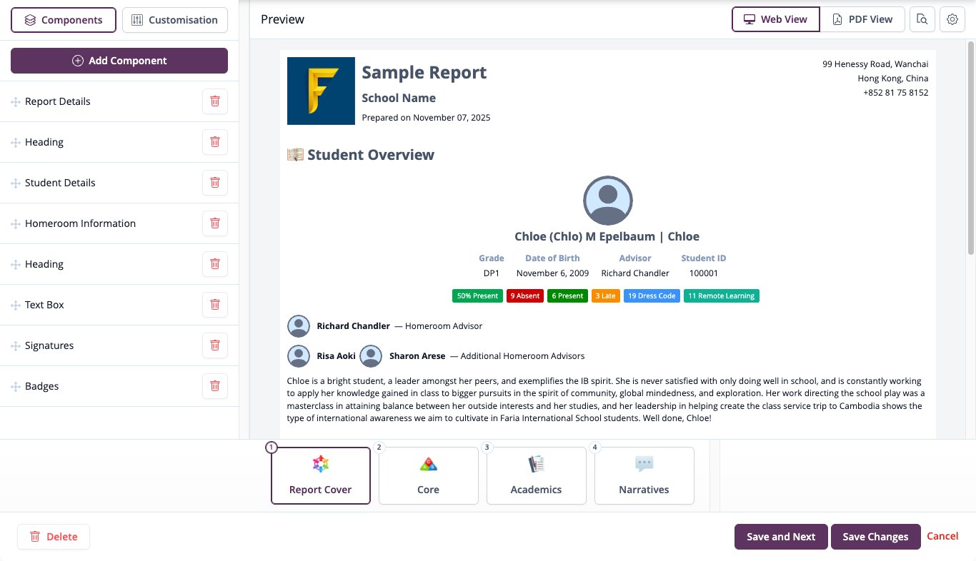 Ekran görüntüsü: Bileşenler ve Özelleştirme sekmeleri, Bileşen Ekle, Web Görünümü ve PDF Görünümü önizlemesi, altta yer alan bölümler ve Değişiklikleri Kaydet düğmeleri bulunan rapor şablonu oluşturucu.