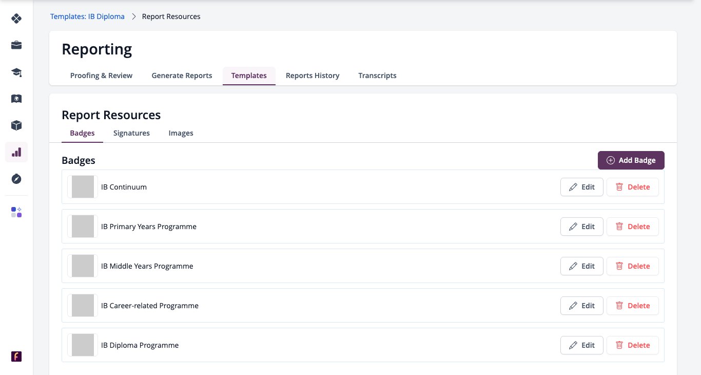 Screenshot: Report Resources on the Badges tab with Add Badge and the badge list