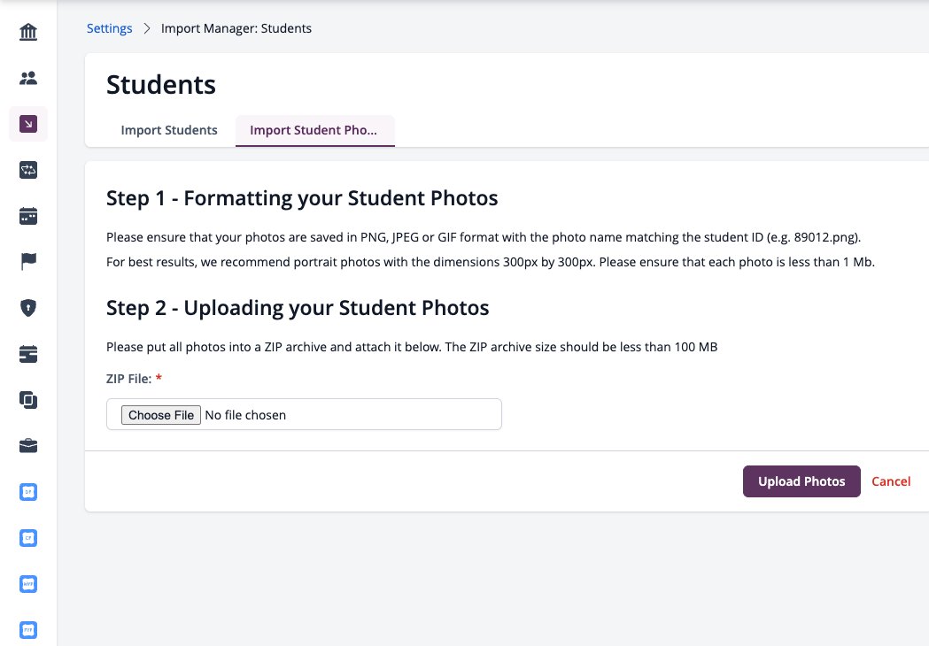 Captura de pantalla: Importar fotos de estudiantes con el paso 1 formateando y el paso 2 cargando un archivo ZIP.