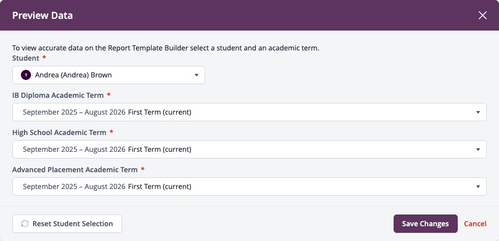 Screenshot: Preview Data window with Student, an academic term for each programme, Reset Student Selection and Save Changes