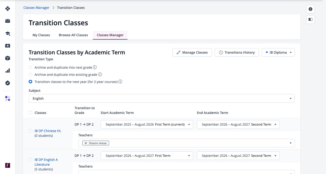Screenshot: Transition Classes with Transition Type options, Subject, and the Manage Classes and Transitions History buttons