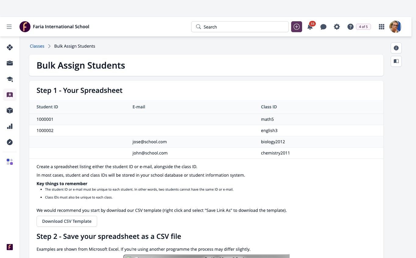Ekran görüntüsü: Örnek elektronik tablo ve CSV şablonu ile öğrencilere toplu atama