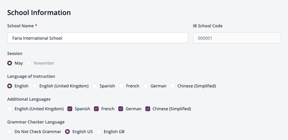 截图：学校信息，包括学校名称、IB学校代码、开课时间（五月或十一月）、授课语言及其他语言