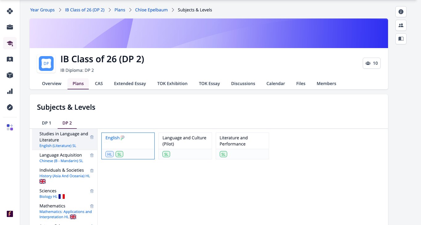 Screenshot: Edit Subjects with DP 1 and DP 2 tabs, subject groups on the left and subject tiles with HL and SL