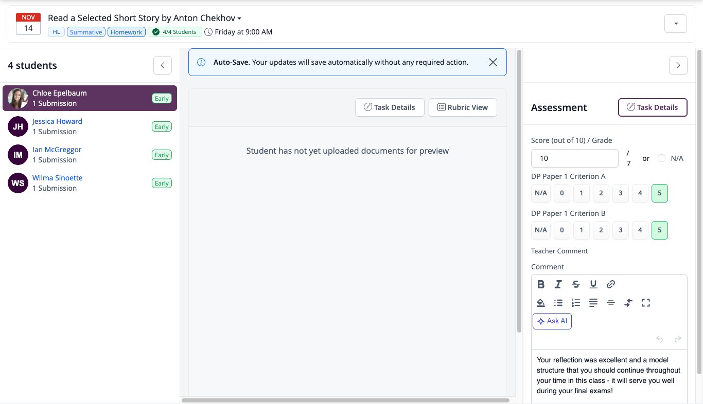 Capture d'écran : Outil d'annotation avec la liste des étudiants, l'aperçu du document et le panneau d'évaluation affichant la note, les critères et les commentaires.