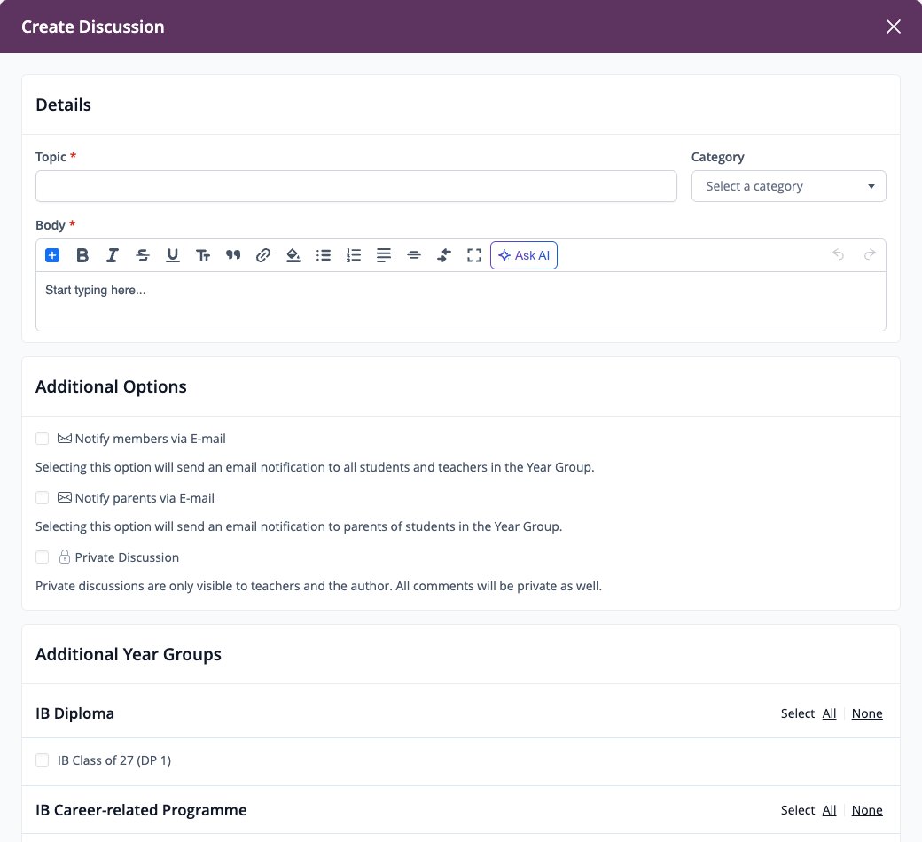Screenshot: Create Discussion in a year group with Additional Options and Additional Year Groups