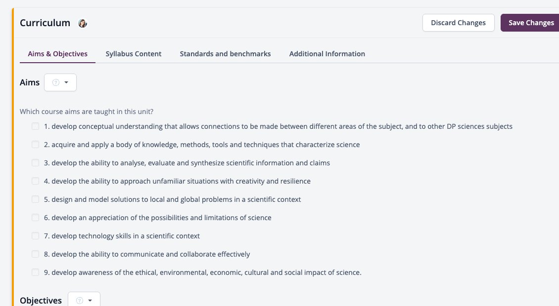 Screenshot: Curriculum section in edit mode with the Aims & Objectives tab open