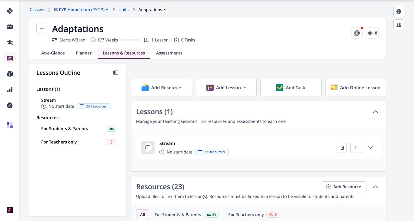Screenshot: Lessons & Resources tab with Lessons Outline and the Add buttons