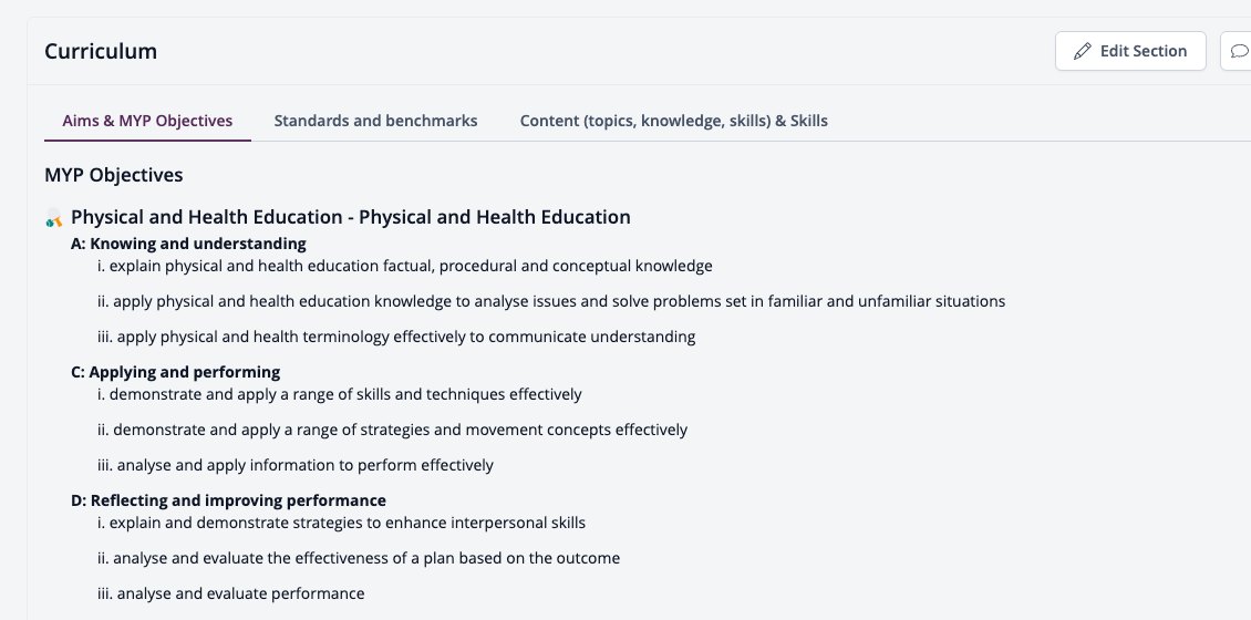 Screenshot: Curriculum section of an MYP unit