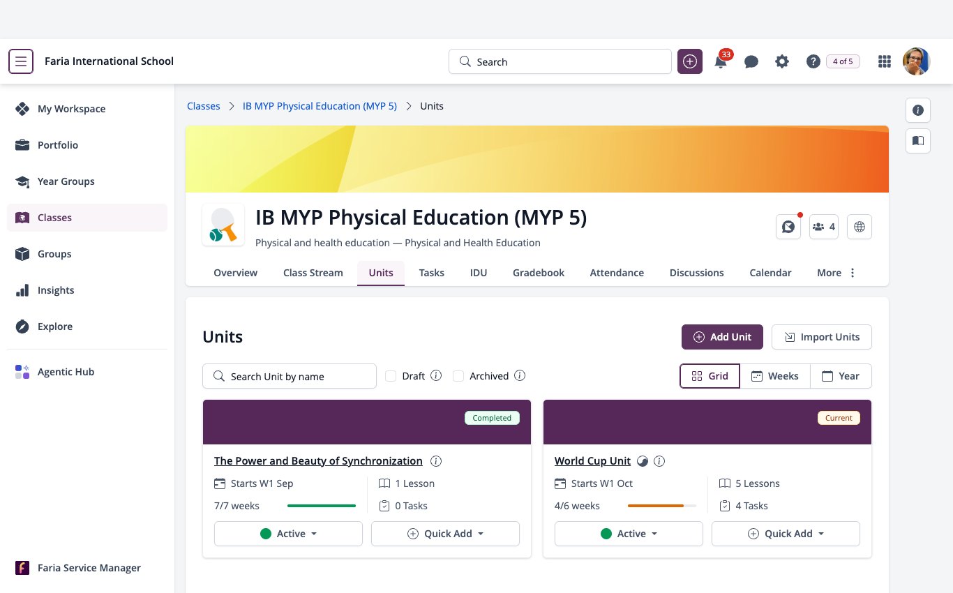 Screenshot: Units tab of an IB MYP class, with the Classes menu open in the left-hand menu