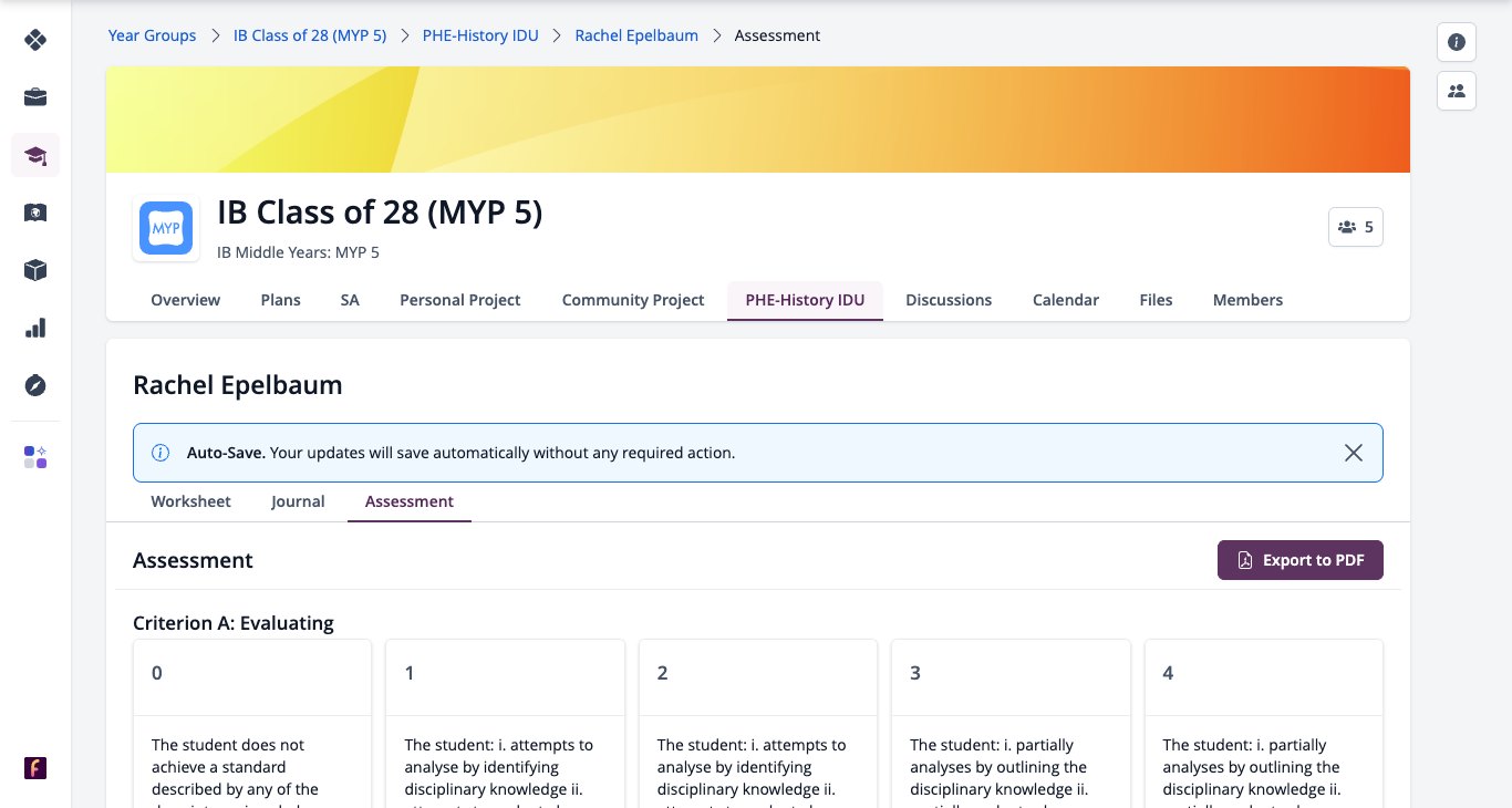 Screenshot: A student ID project Assessment page with criterion descriptors