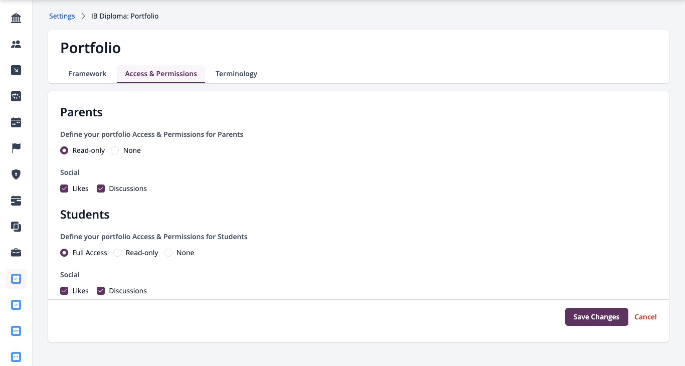 Screenshot: Portfolio Access & Permissions settings for parents and students