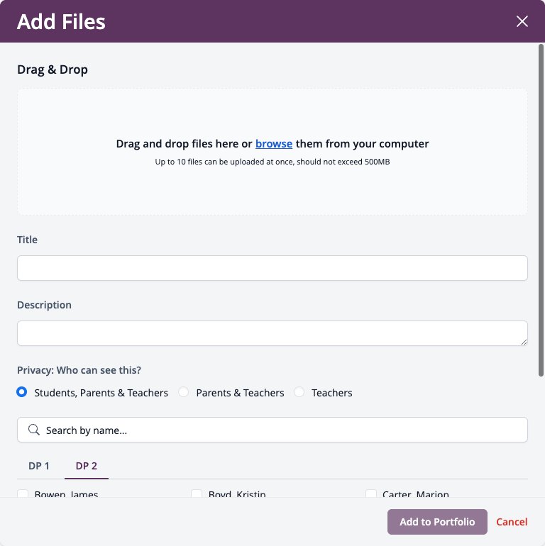 Screenshot: Add Files window with drag and drop, Title, Description and Privacy