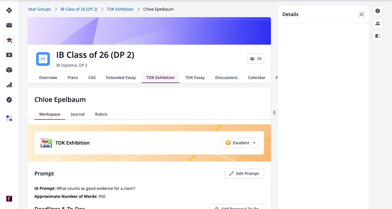 Screenshot: Student TOK Exhibition Workspace with Prompt, Deadlines & To-Dos, Documents and Notes