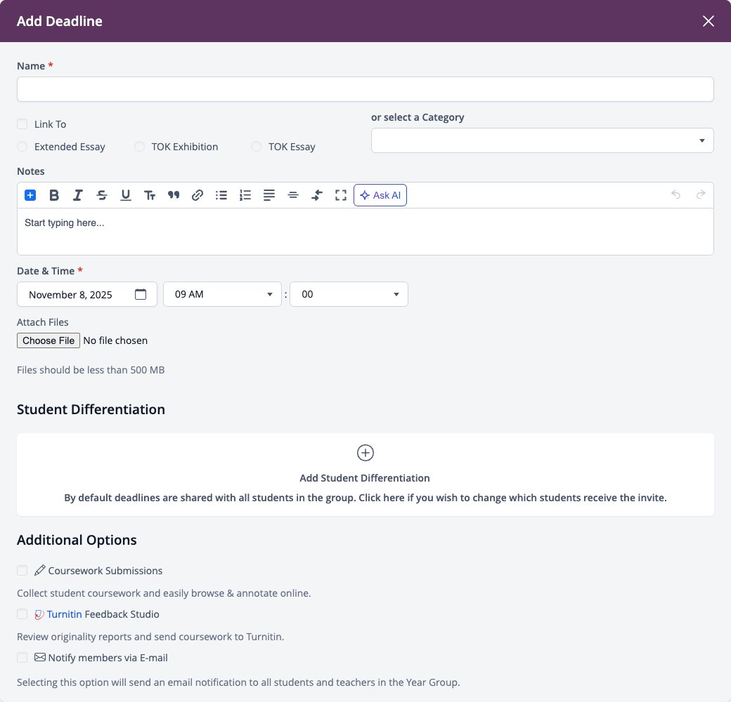Screenshot: Add Deadline window with Link To and Additional Options